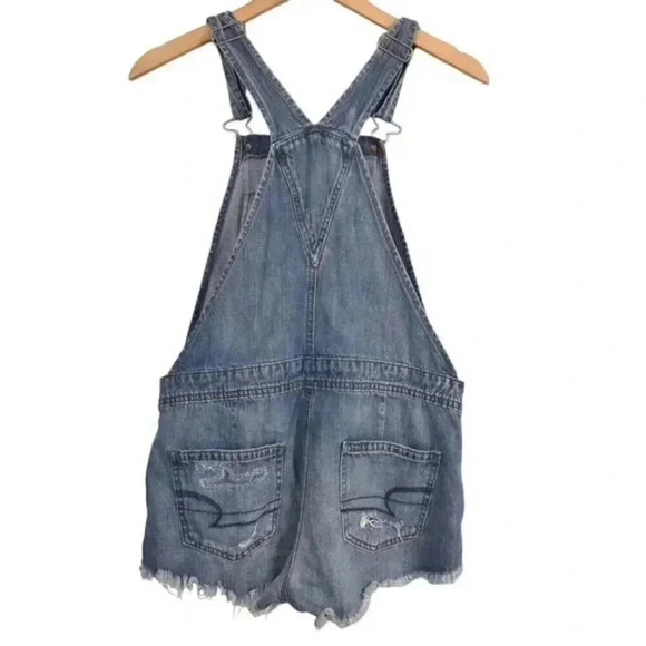 American Eagle AE Shortalls Ripped Distressed Bib Overalls Jeans Blue Size Small - Picture 7 of 11